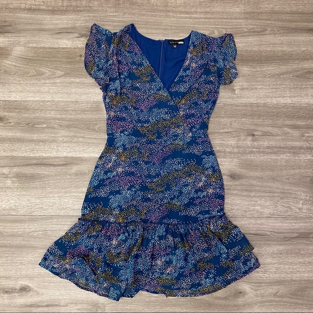 Slate and Willow Printed Dress Ruffle Blue S